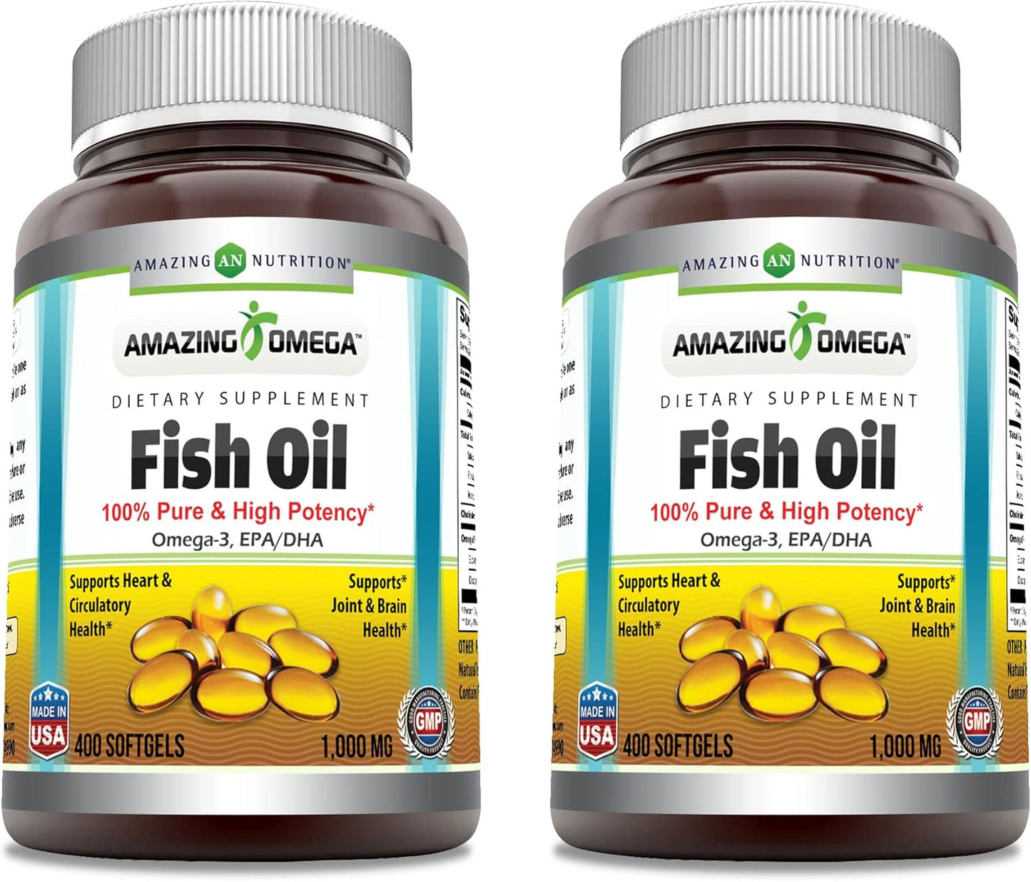 High Potency Omega-3 Fish Oil Supplement Softgels - 1000mg, EPA 180mg, DHA 120mg - 2 Pack of 400 Count Bottles by Amazing Nutrition