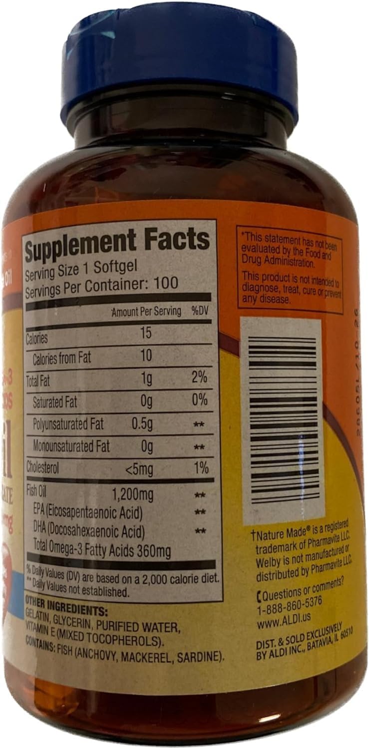 High Potency Omega-3 Fish Oil Supplement Vitamin 1200mg, Promotes Heart Health, 100 Softgels