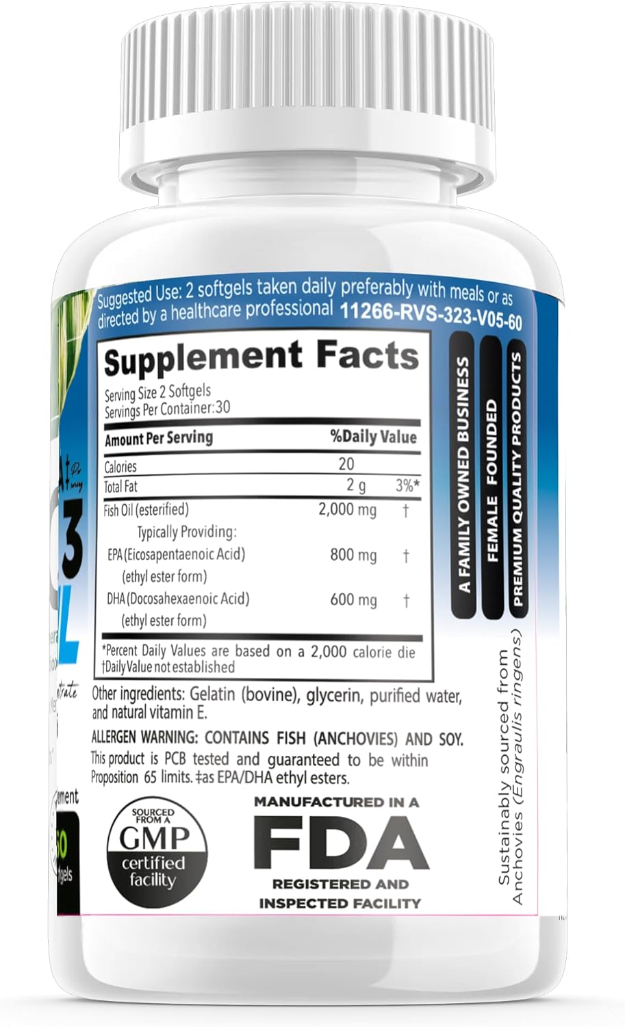 High Potency Omega 3 Fish Oil Supplement with 2000mg Dose - Non GMO Fatty Acid for Pets and Humans - Made in USA