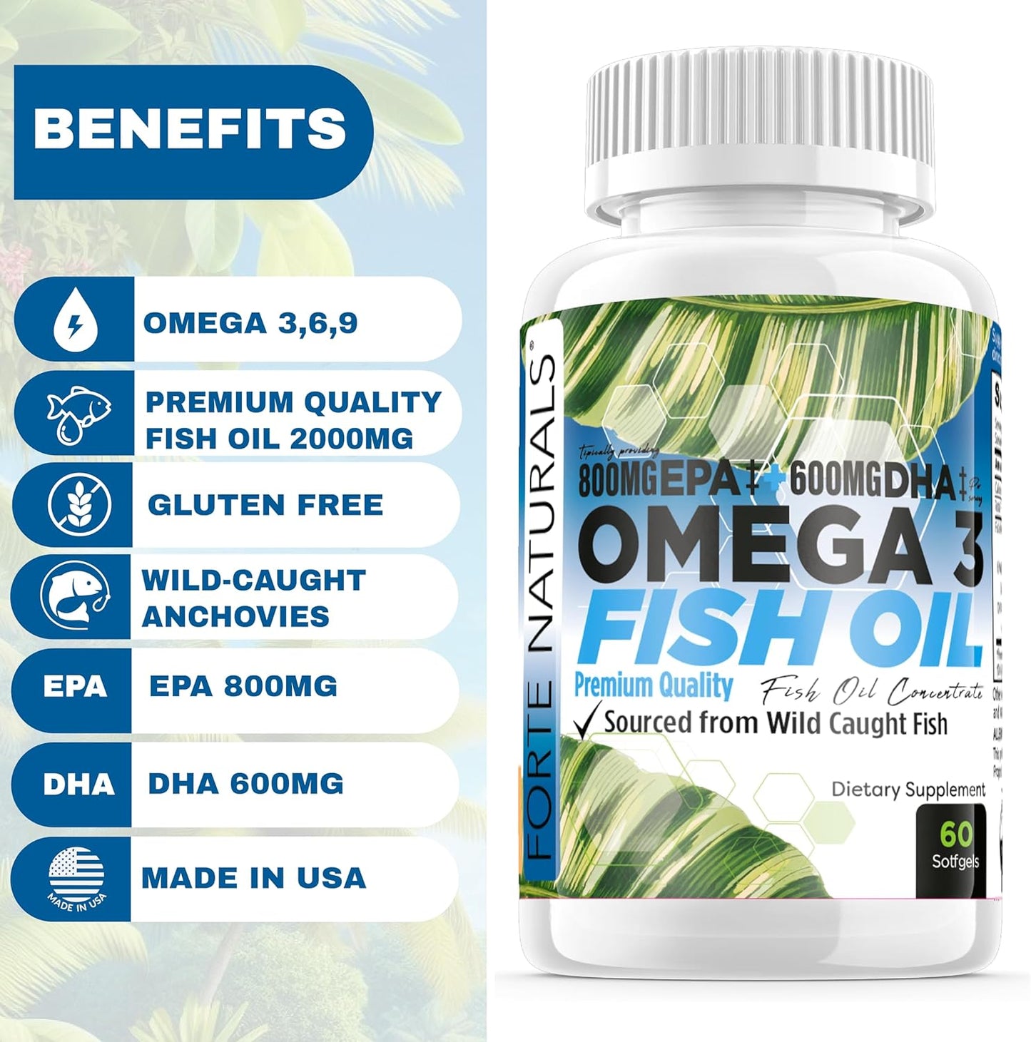 High Potency Omega 3 Fish Oil Supplement with 2000mg Dose - Non GMO Fatty Acid for Pets and Humans - Made in USA