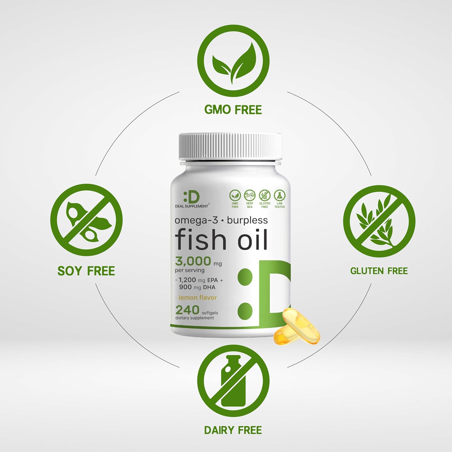 High Potency Omega 3 Fish Oil Supplements - 3,000mg Per Serving, 240 Softgels - EPA 1,200mg + DHA 900mg - Lemon Flavored, Wild Caught - Brain & Heart Support - Non-GMO, Mercury Free