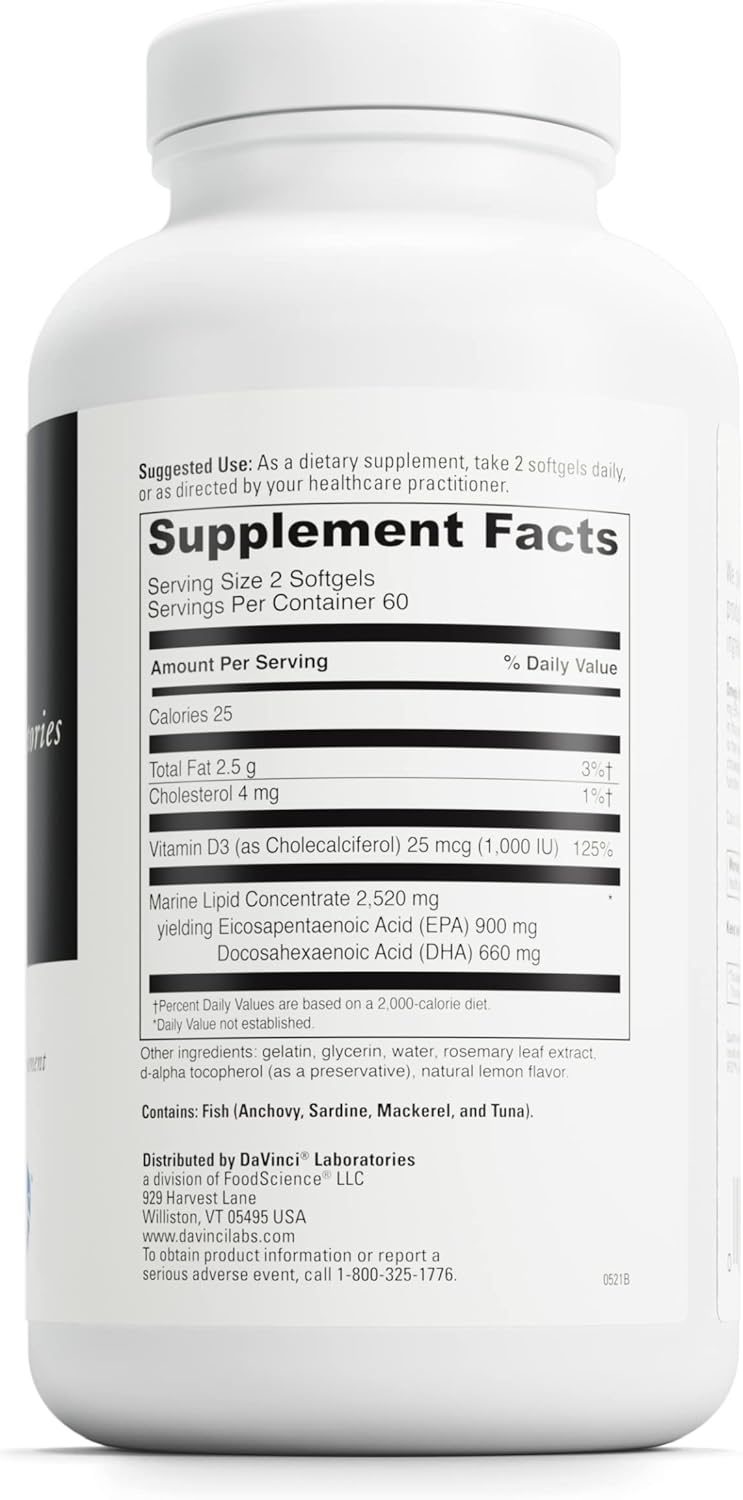 High Potency Omega 3 Supplement with Vitamin D3 for Joint, Immune, Cardiovascular, and Skin Health - Lemon Flavor - 120 Softgels