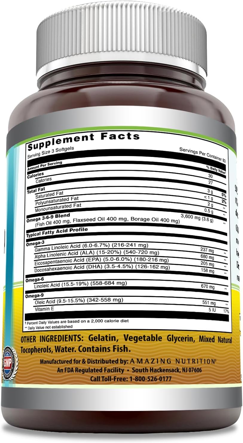 High-Potency Omega 3.6.9 Supplement | 1200 Mg Per Serving | 250 Softgels | Unflavored | Non-GMO | Gluten-Free | USA-Made