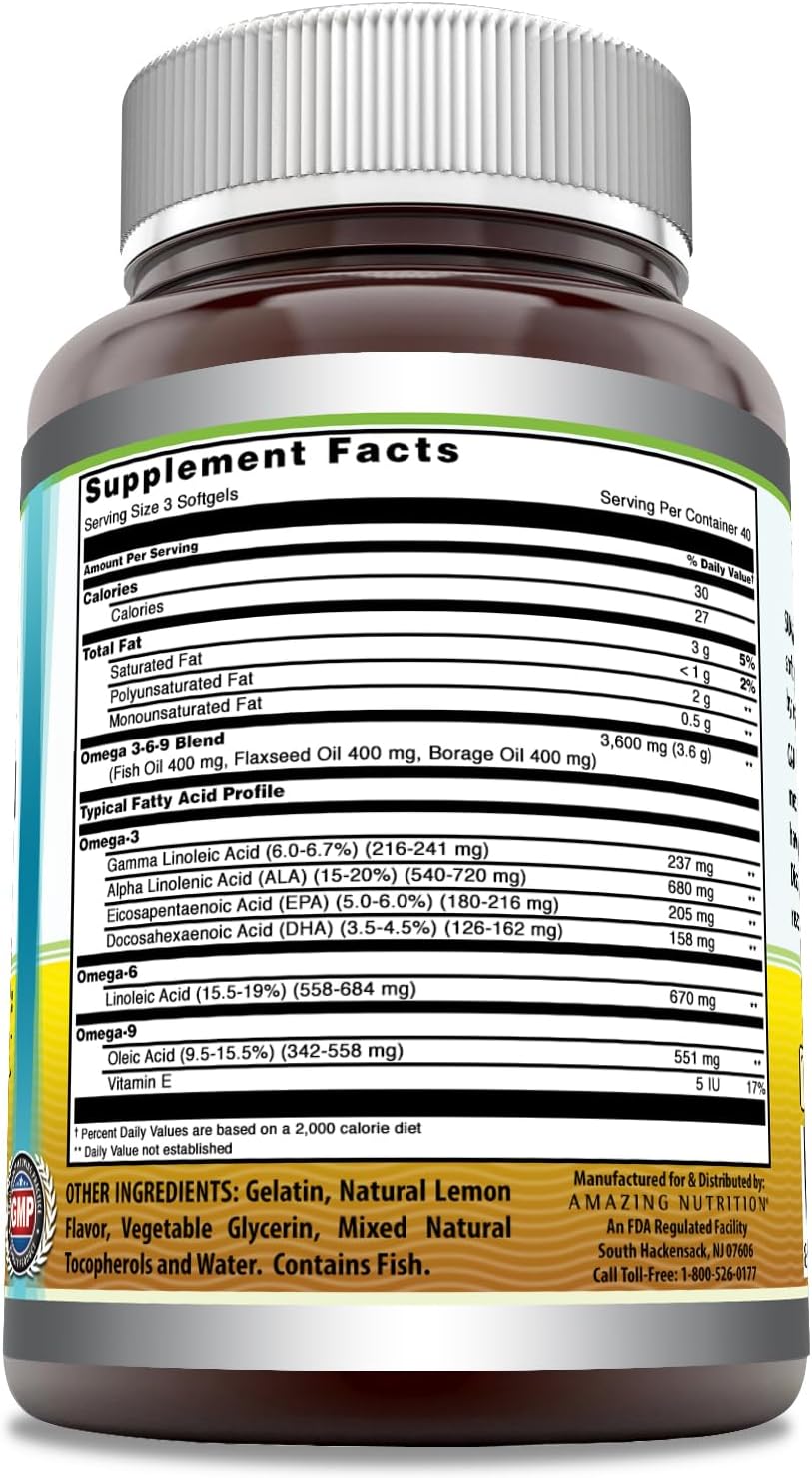 High Potency Omega 3.6.9 Supplement with 1200mg Per Serving - 120 Softgels, Lemon Flavor, Non-GMO, Gluten-Free - Made in USA by Amazing Nutrition