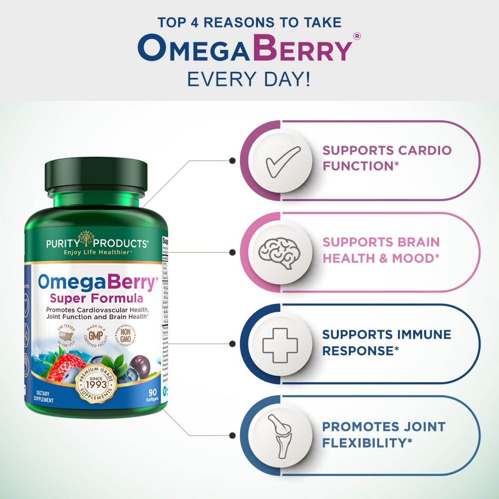 High Potency OmegaBerry Fish Oil with Vitamin D3 and Organic Acai Super Formula - 1875mg Concentrated Omega-3s - EPA 1080mg, DHA 720mg, DPA 120mg - 90 Count