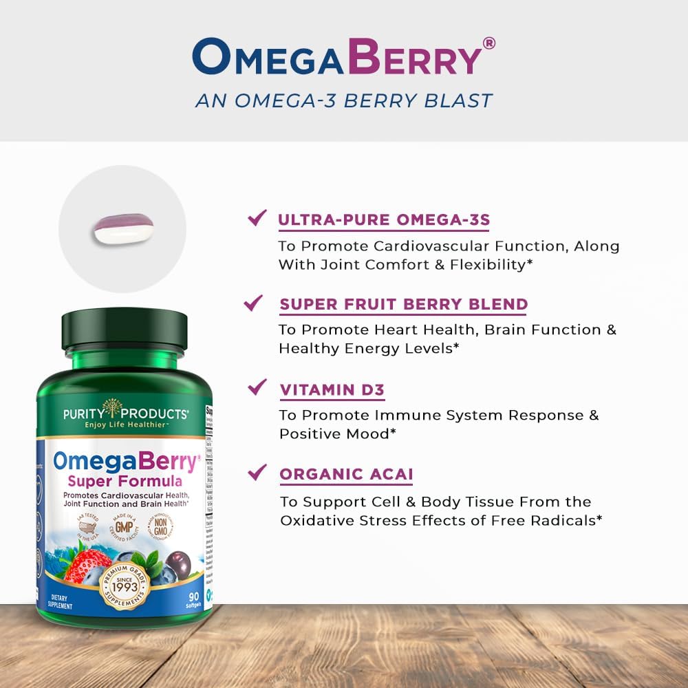 High Potency OmegaBerry Fish Oil with Vitamin D3 and Organic Acai Super Formula - 1875mg Concentrated Omega-3s - EPA 1080mg, DHA 720mg, DPA 120mg - 90 Count