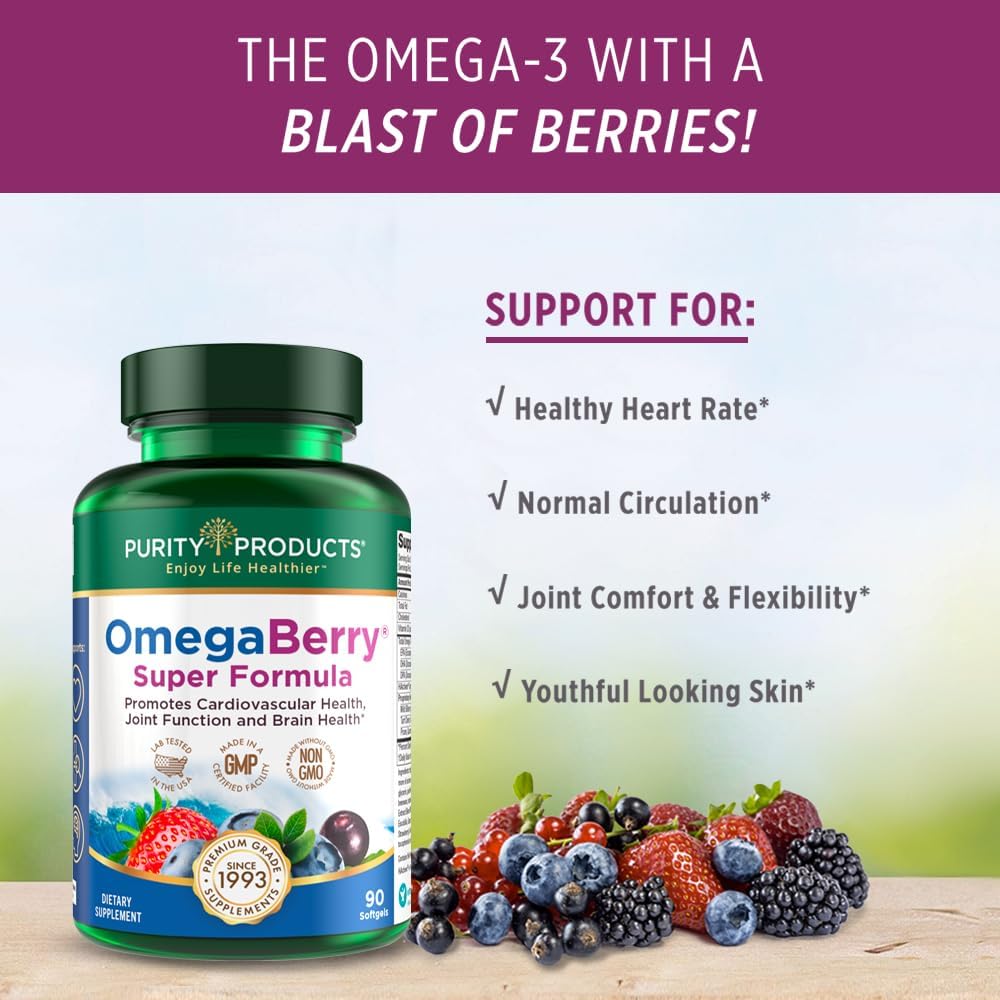 High Potency OmegaBerry Fish Oil with Vitamin D3 and Organic Acai Super Formula - 1875mg Concentrated Omega-3s - EPA 1080mg, DHA 720mg, DPA 120mg - 90 Count