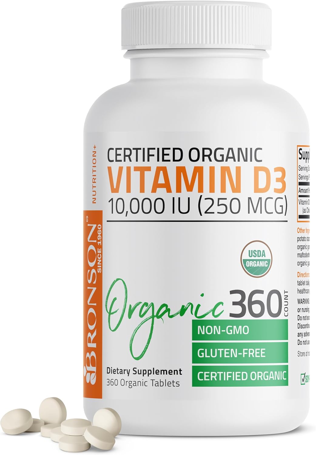 High Potency Organic Non-GMO Vitamin D3 10,000 IU (250 mcg) Supplement for Immune Support, Muscle & Bone Health - 360 Tablets
