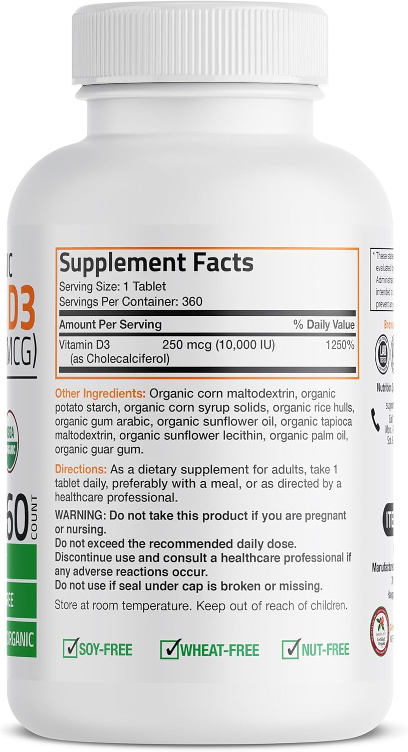 High Potency Organic Non-GMO Vitamin D3 10,000 IU (250 mcg) Supplement for Immune Support, Muscle & Bone Health - 360 Tablets