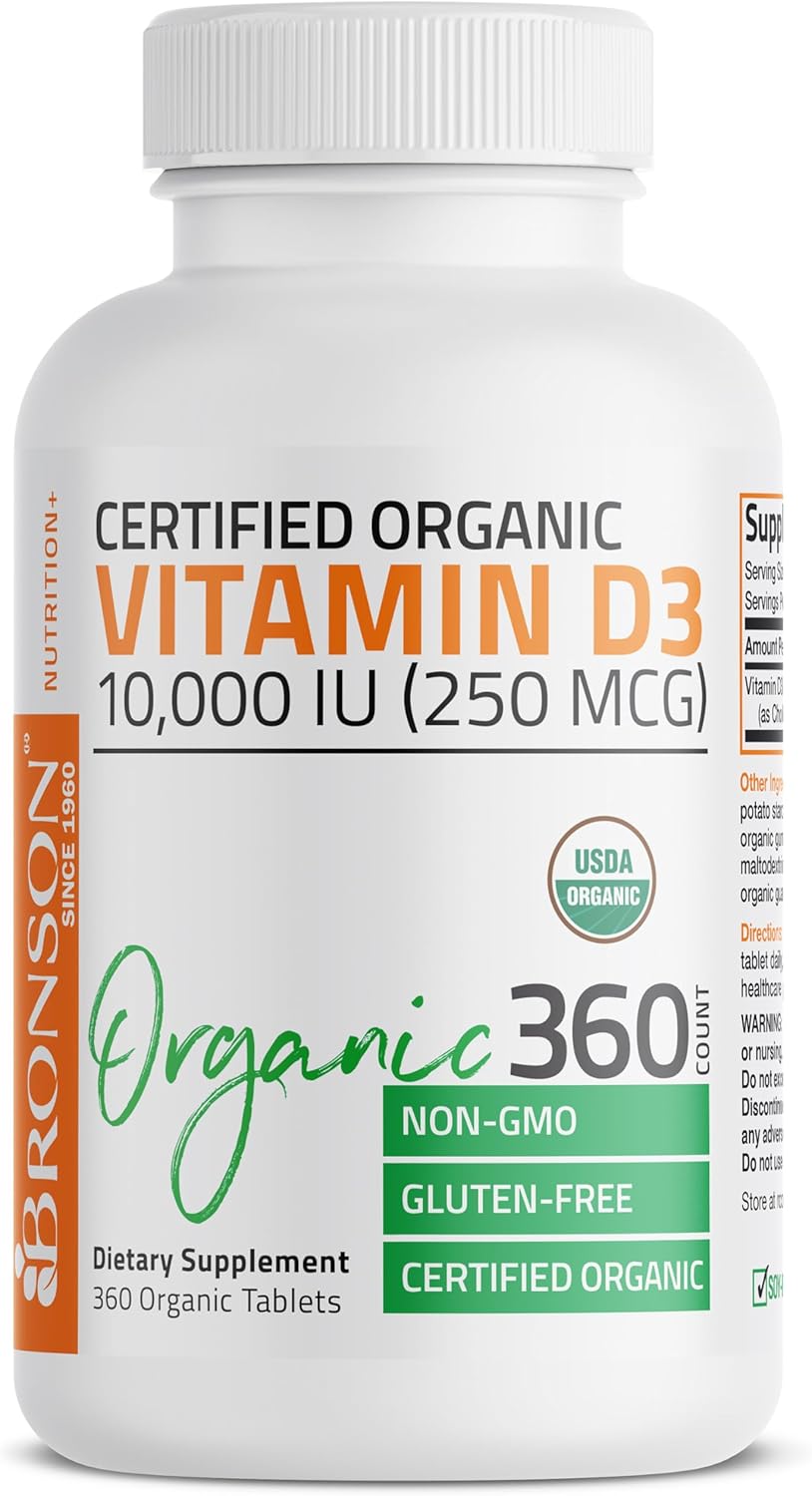 High Potency Organic Non-GMO Vitamin D3 10,000 IU (250 mcg) Supplement for Immune Support, Muscle & Bone Health - 360 Tablets