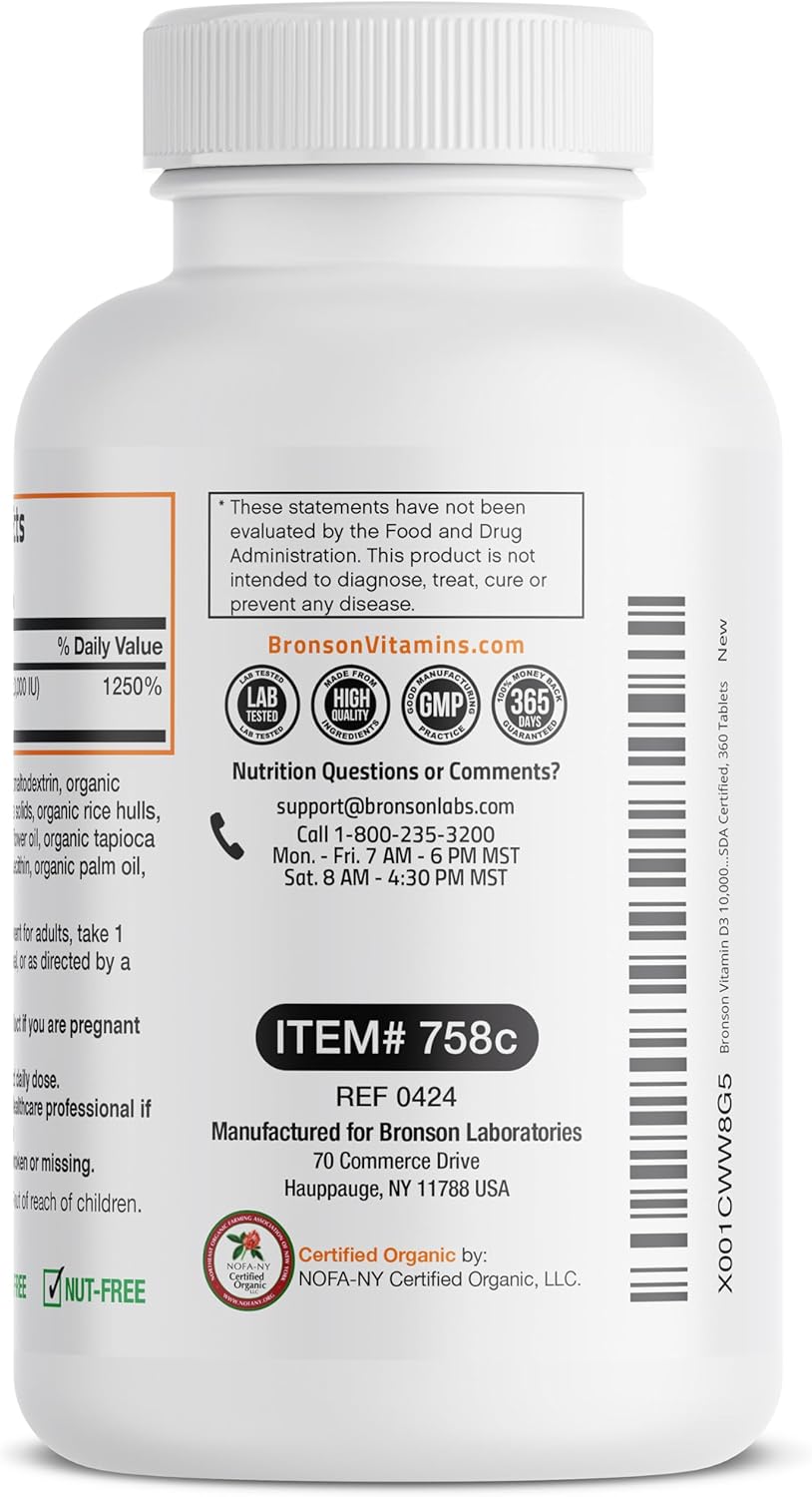 High Potency Organic Non-GMO Vitamin D3 10,000 IU (250 mcg) Supplement for Immune Support, Muscle & Bone Health - 360 Tablets