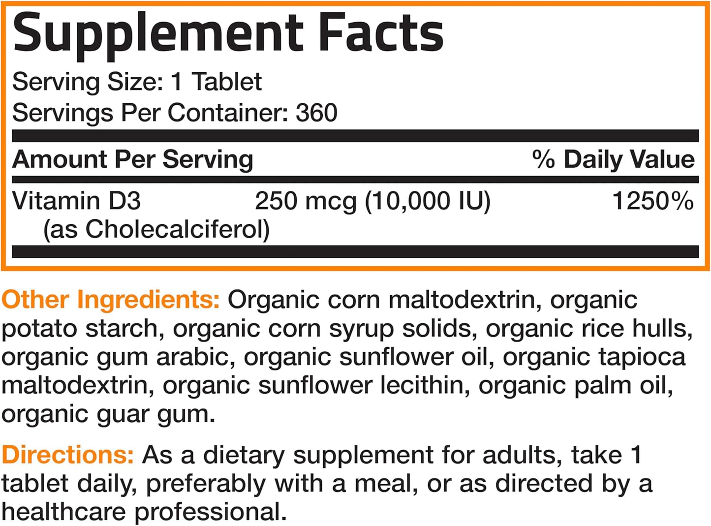 High Potency Organic Non-GMO Vitamin D3 10,000 IU (250 mcg) Supplement for Immune Support, Muscle & Bone Health - 360 Tablets
