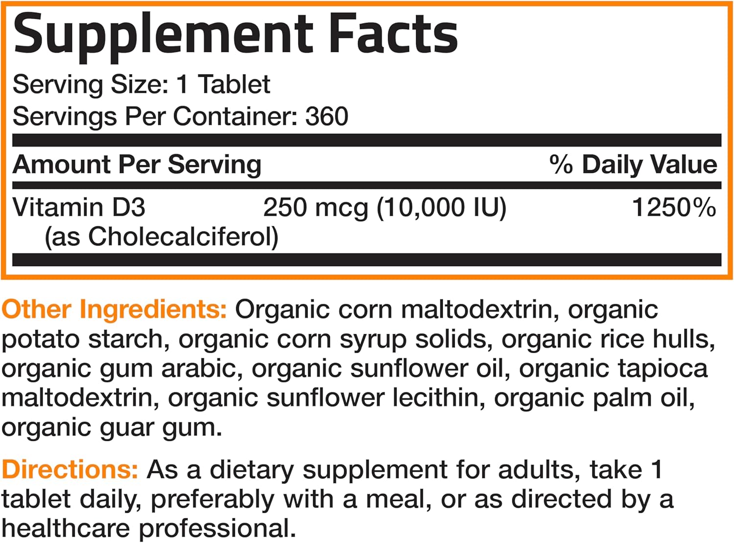 High Potency Organic Non-GMO Vitamin D3 10,000 IU (250 mcg) Supplement for Immune Support, Muscle & Bone Health - 360 Tablets