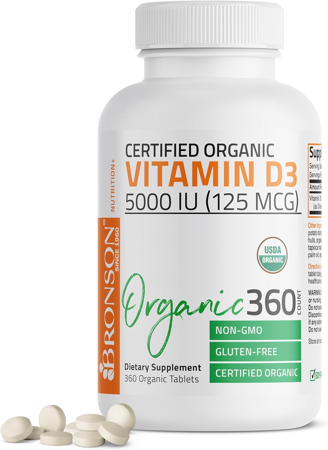 High Potency Organic Non-GMO Vitamin D3 5,000 IU Tablets - 1 Year Supply for Immune Support, Muscle Function, and Bone Health