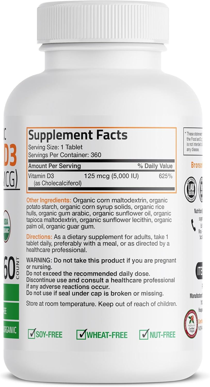 High Potency Organic Non-GMO Vitamin D3 5,000 IU Tablets - 1 Year Supply for Immune Support, Muscle Function, and Bone Health