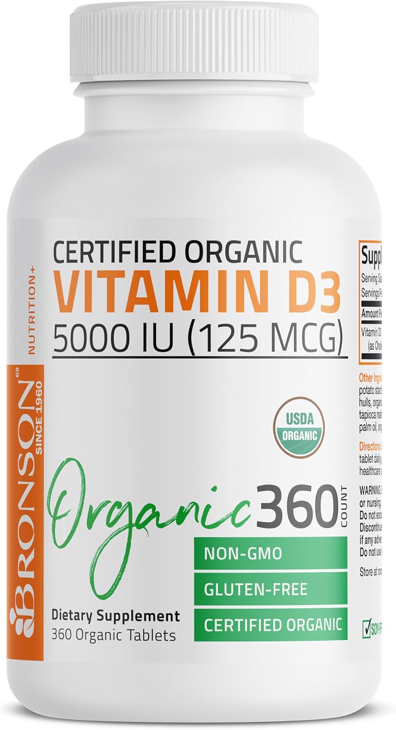 High Potency Organic Non-GMO Vitamin D3 5,000 IU Tablets - 1 Year Supply for Immune Support, Muscle Function, and Bone Health