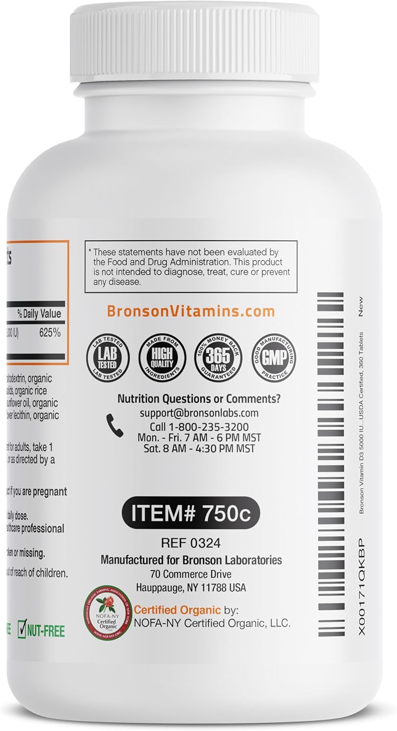 High Potency Organic Non-GMO Vitamin D3 5,000 IU Tablets - 1 Year Supply for Immune Support, Muscle Function, and Bone Health