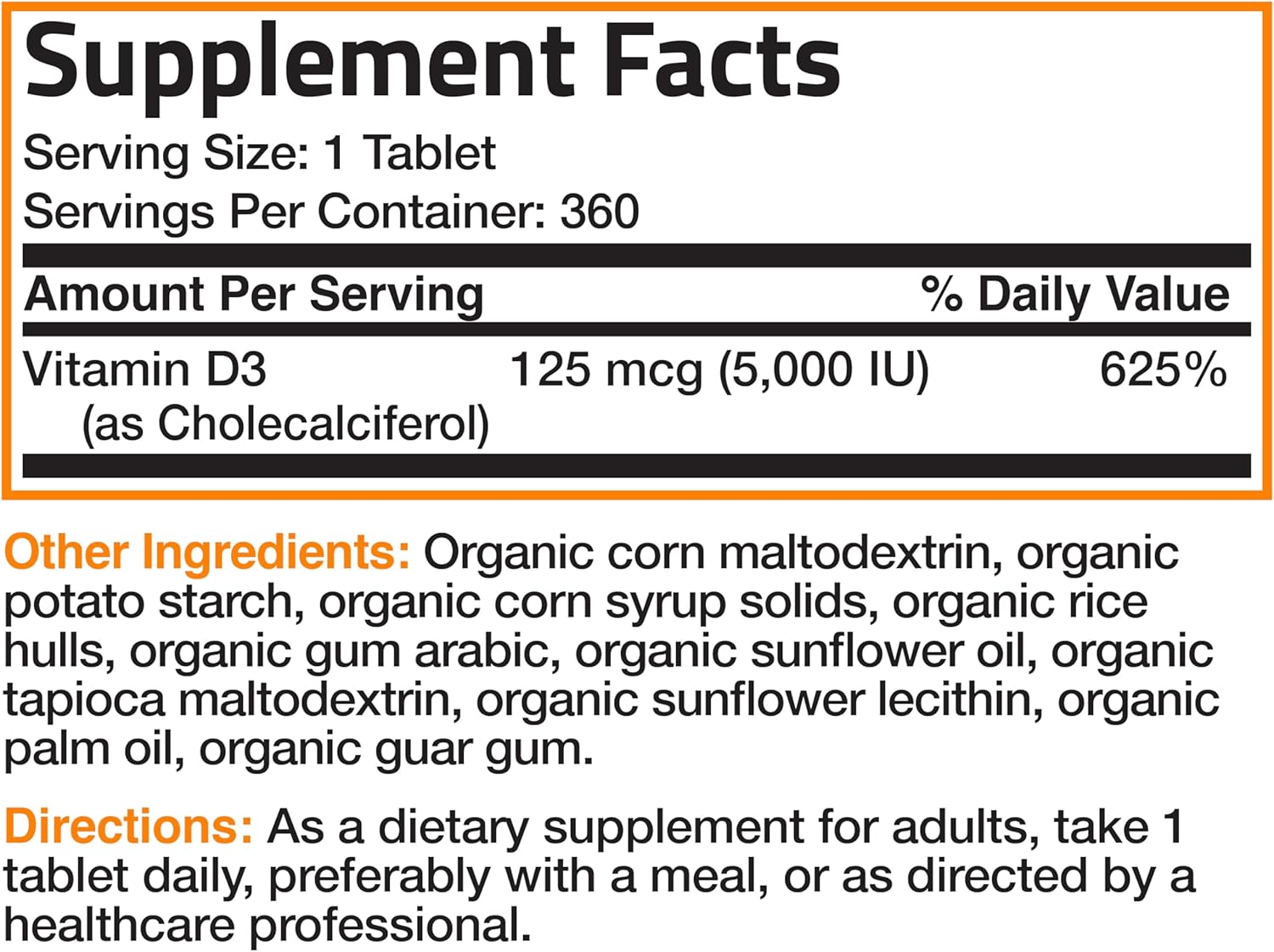 High Potency Organic Non-GMO Vitamin D3 5,000 IU Tablets - 1 Year Supply for Immune Support, Muscle Function, and Bone Health