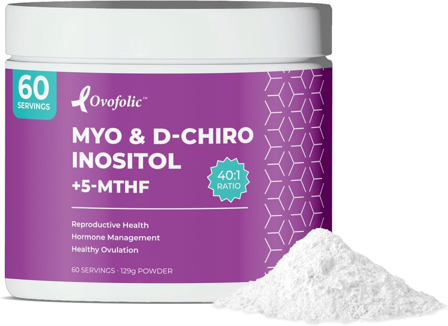 High Potency Ovofolic PCOS Supplement for Women - Supports Fertility, Hormonal Balance, PCOS - Myo-Inositol, D-Chiro Inositol, Folate - 60 Servings, 129g Jar