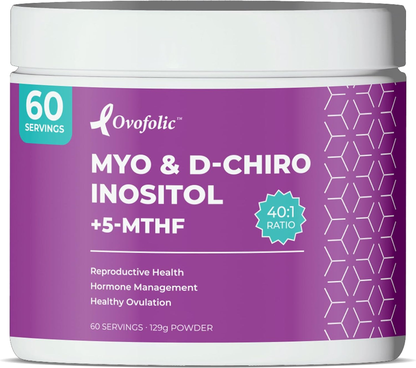 High Potency Ovofolic PCOS Supplement for Women - Supports Fertility, Hormonal Balance, PCOS - Myo-Inositol, D-Chiro Inositol, Folate - 60 Servings, 129g Jar