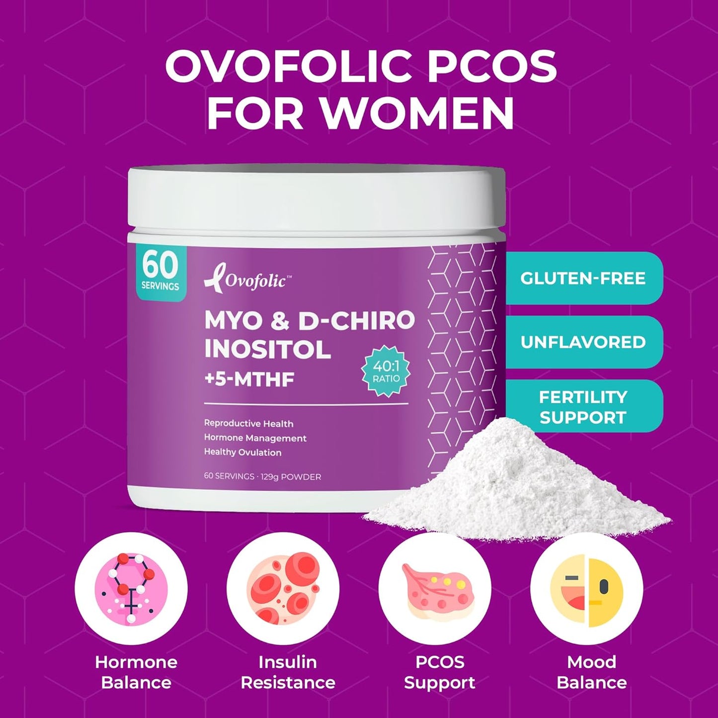 High Potency Ovofolic PCOS Supplement for Women - Supports Fertility, Hormonal Balance, PCOS - Myo-Inositol, D-Chiro Inositol, Folate - 60 Servings, 129g Jar