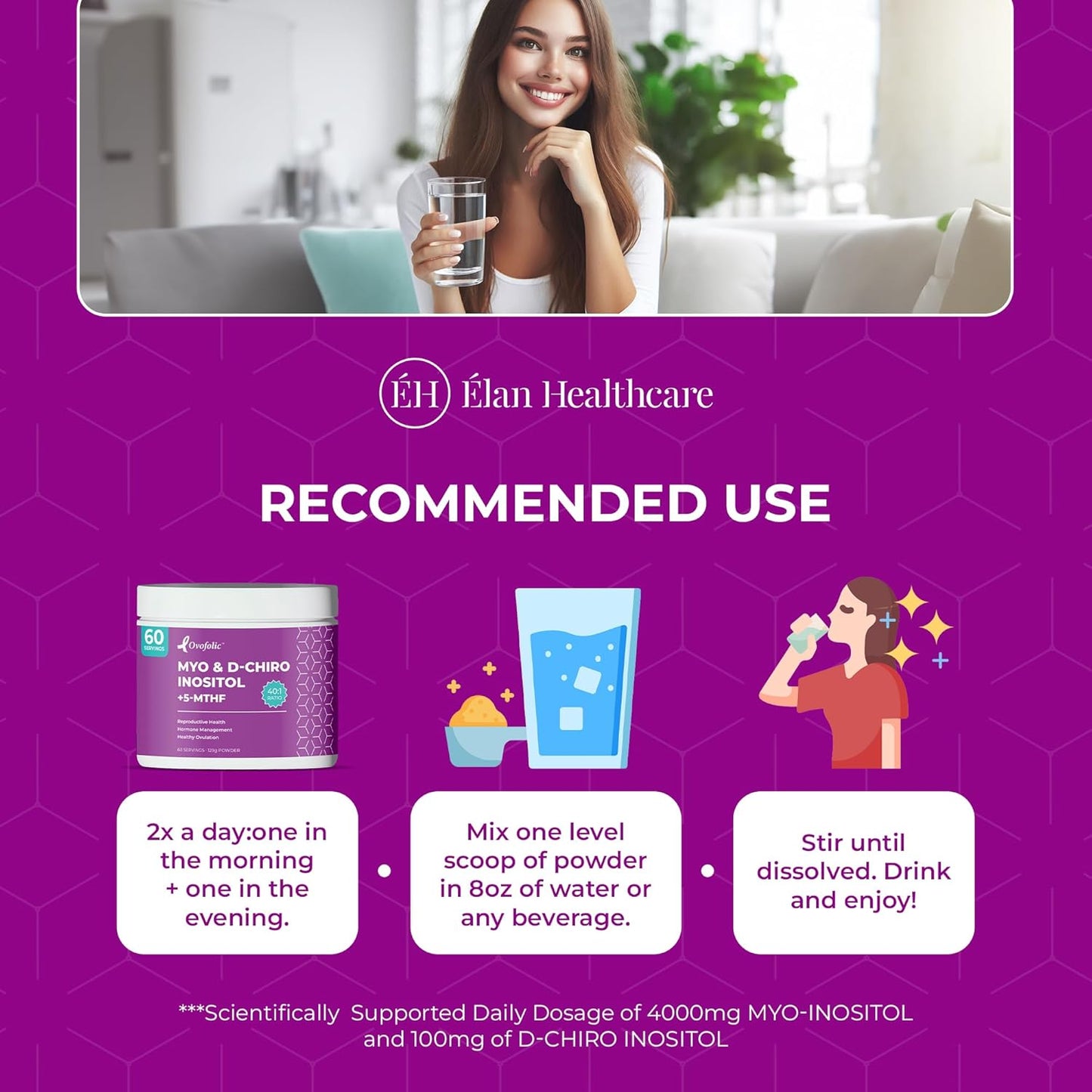 High Potency Ovofolic PCOS Supplement for Women - Supports Fertility, Hormonal Balance, PCOS - Myo-Inositol, D-Chiro Inositol, Folate - 60 Servings, 129g Jar