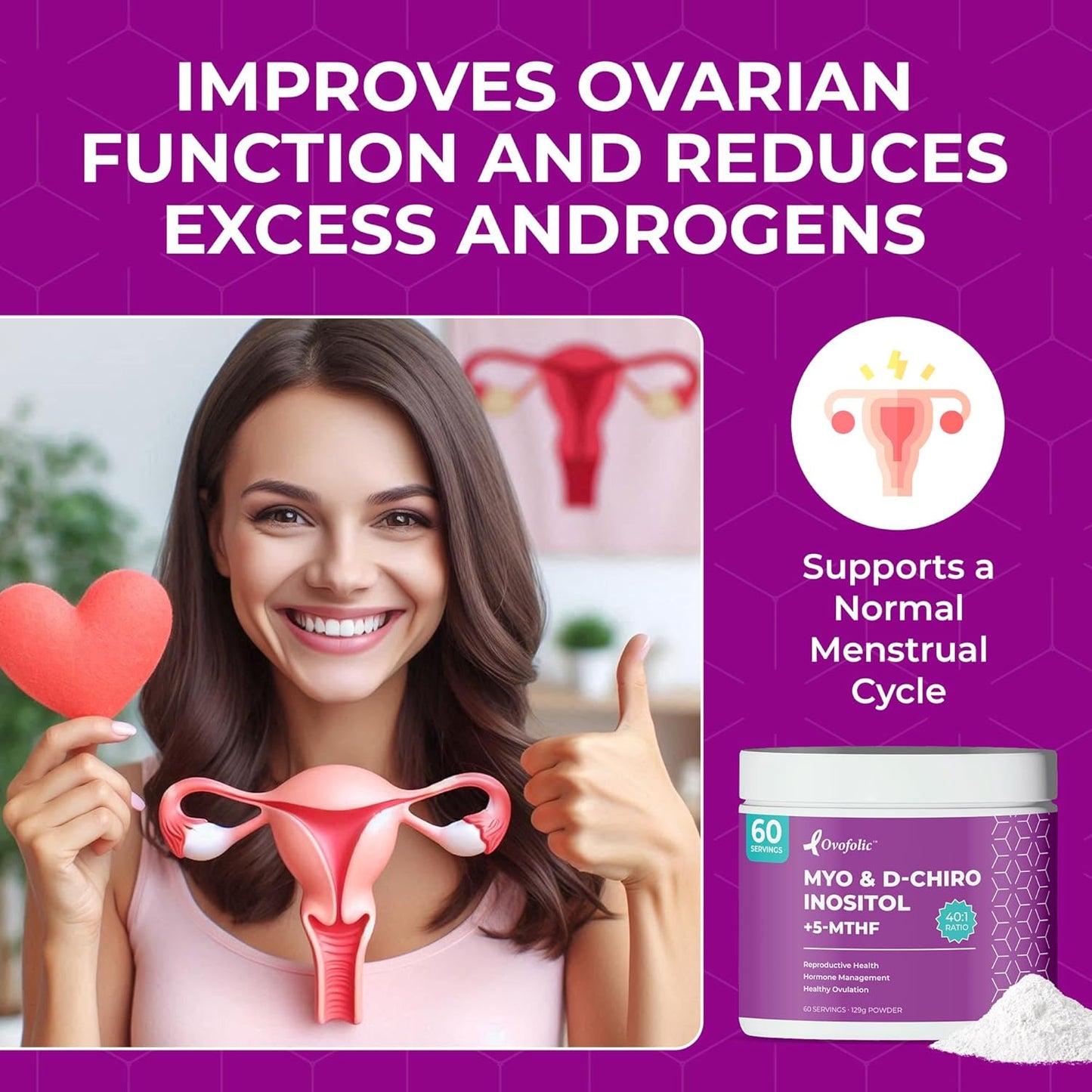 High Potency Ovofolic PCOS Supplement for Women - Supports Fertility, Hormonal Balance, PCOS - Myo-Inositol, D-Chiro Inositol, Folate - 60 Servings, 129g Jar