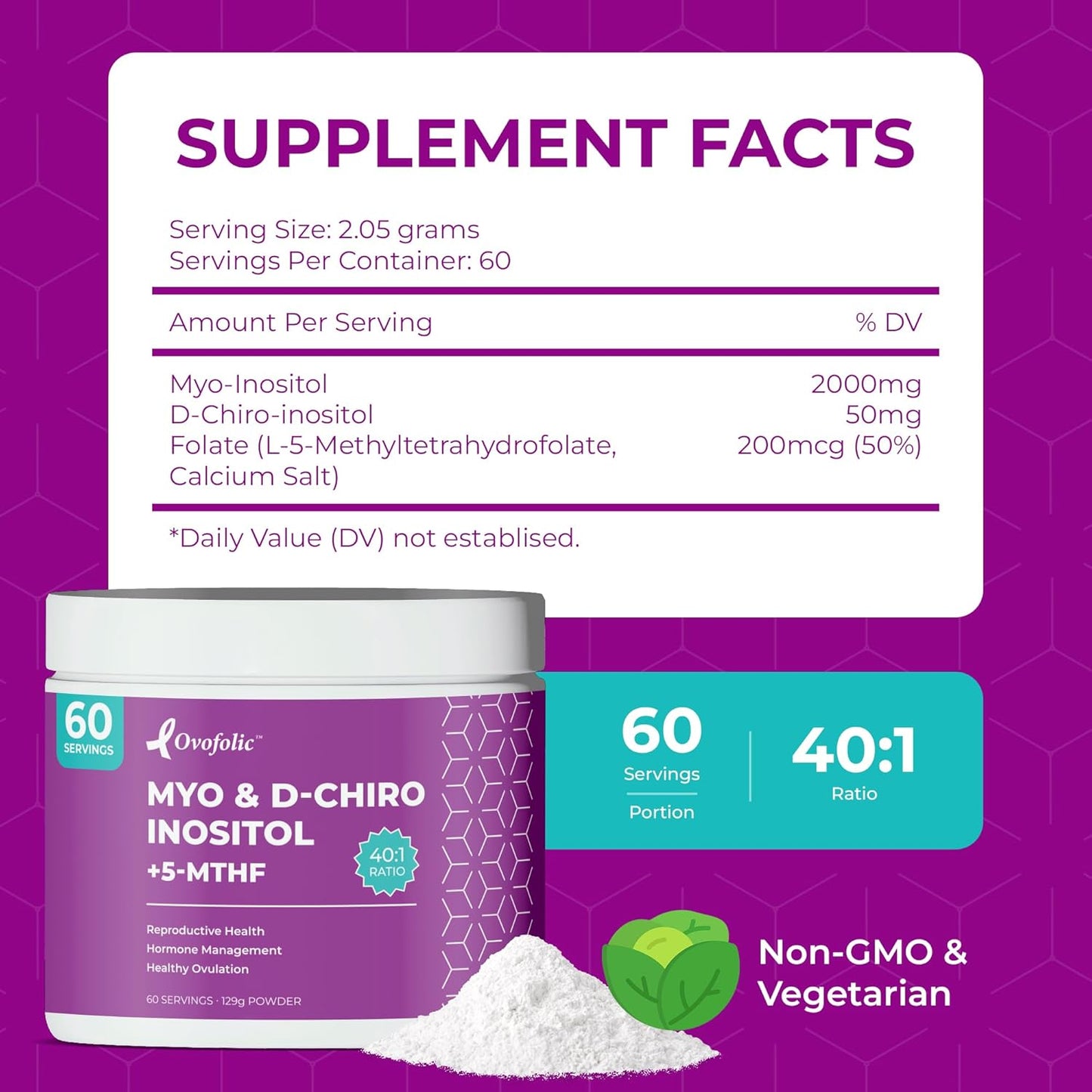 High Potency Ovofolic PCOS Supplement for Women - Supports Fertility, Hormonal Balance, PCOS - Myo-Inositol, D-Chiro Inositol, Folate - 60 Servings, 129g Jar
