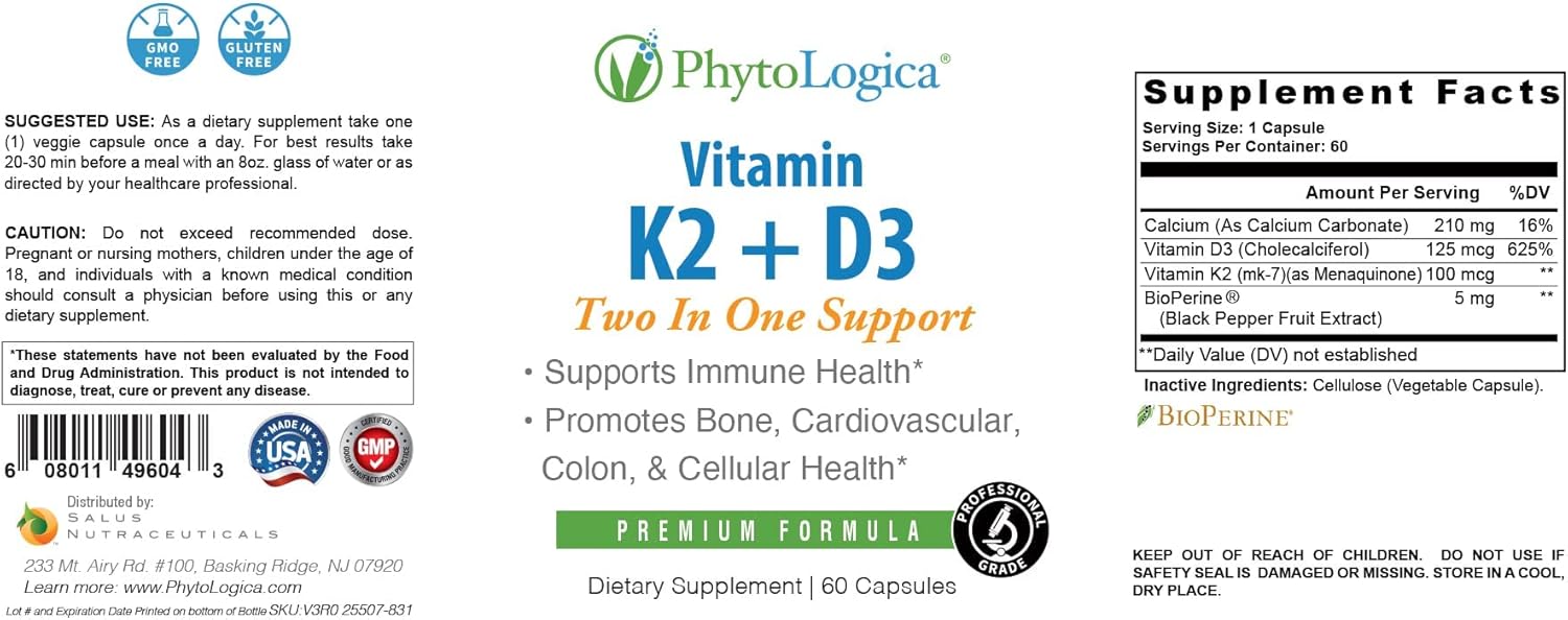High Potency PhytoLogica Vitamin D3 K2 Supplement with Calcium for Bone & Heart Health (60 Capsules)