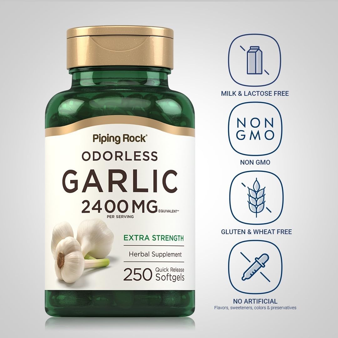 High Potency Piping Rock Odorless Garlic Softgels - 2400mg, 250 Pills - Herbal Supplement, Non-GMO, Gluten Free Extract