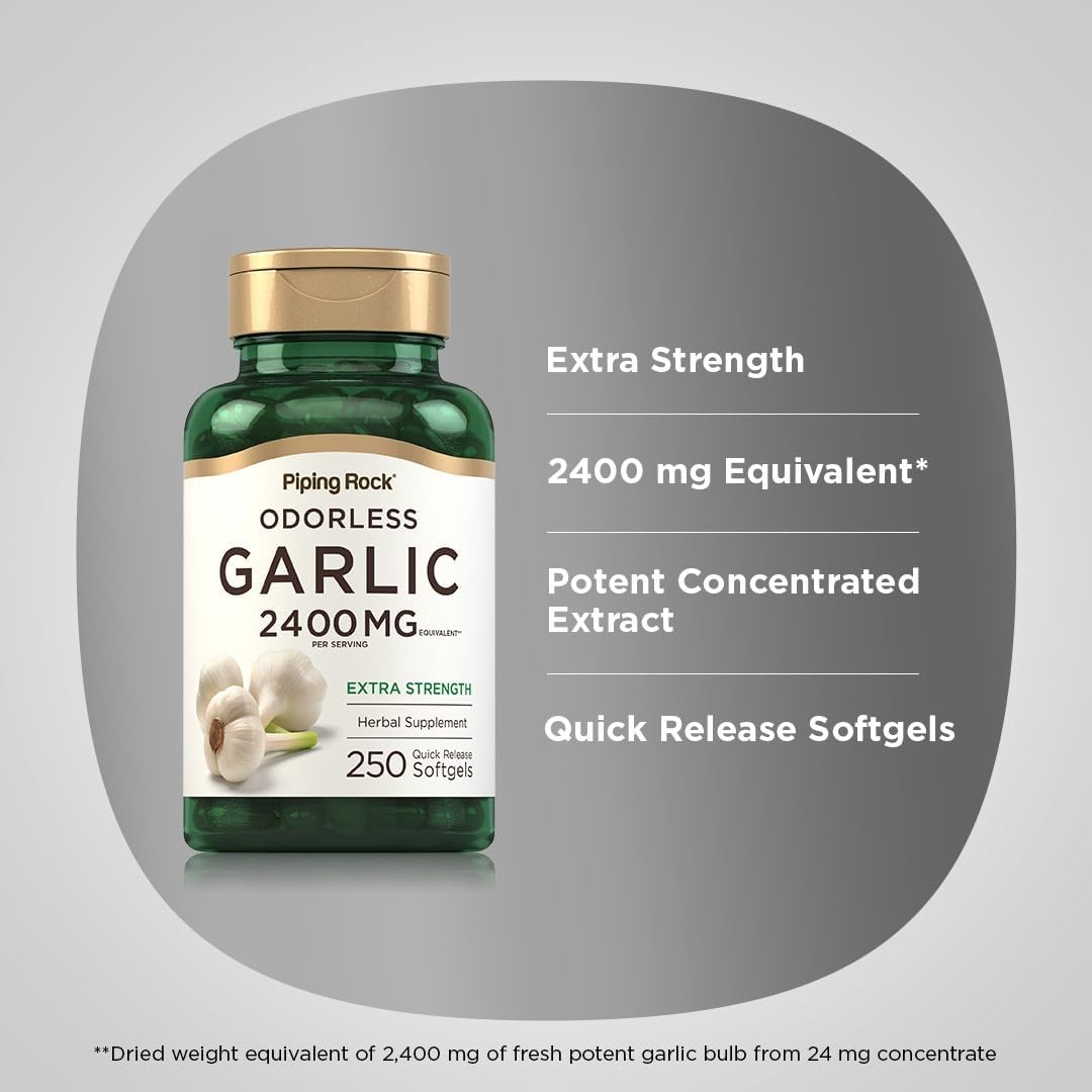 High Potency Piping Rock Odorless Garlic Softgels - 2400mg, 250 Pills - Herbal Supplement, Non-GMO, Gluten Free Extract