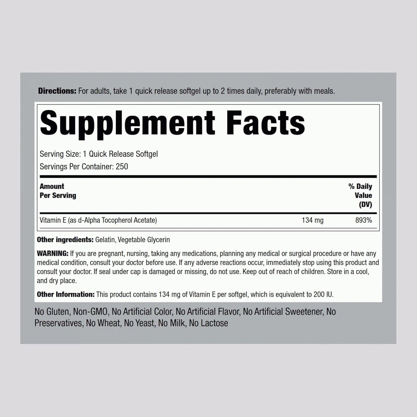 High-Potency Piping Rock Vitamin E Softgel Capsules - 250 Count | 200 IU Supplement | Non-GMO, Gluten Free