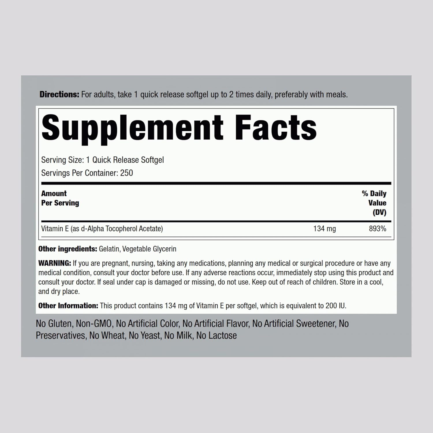 High-Potency Piping Rock Vitamin E Softgel Capsules - 250 Count | 200 IU Supplement | Non-GMO, Gluten Free