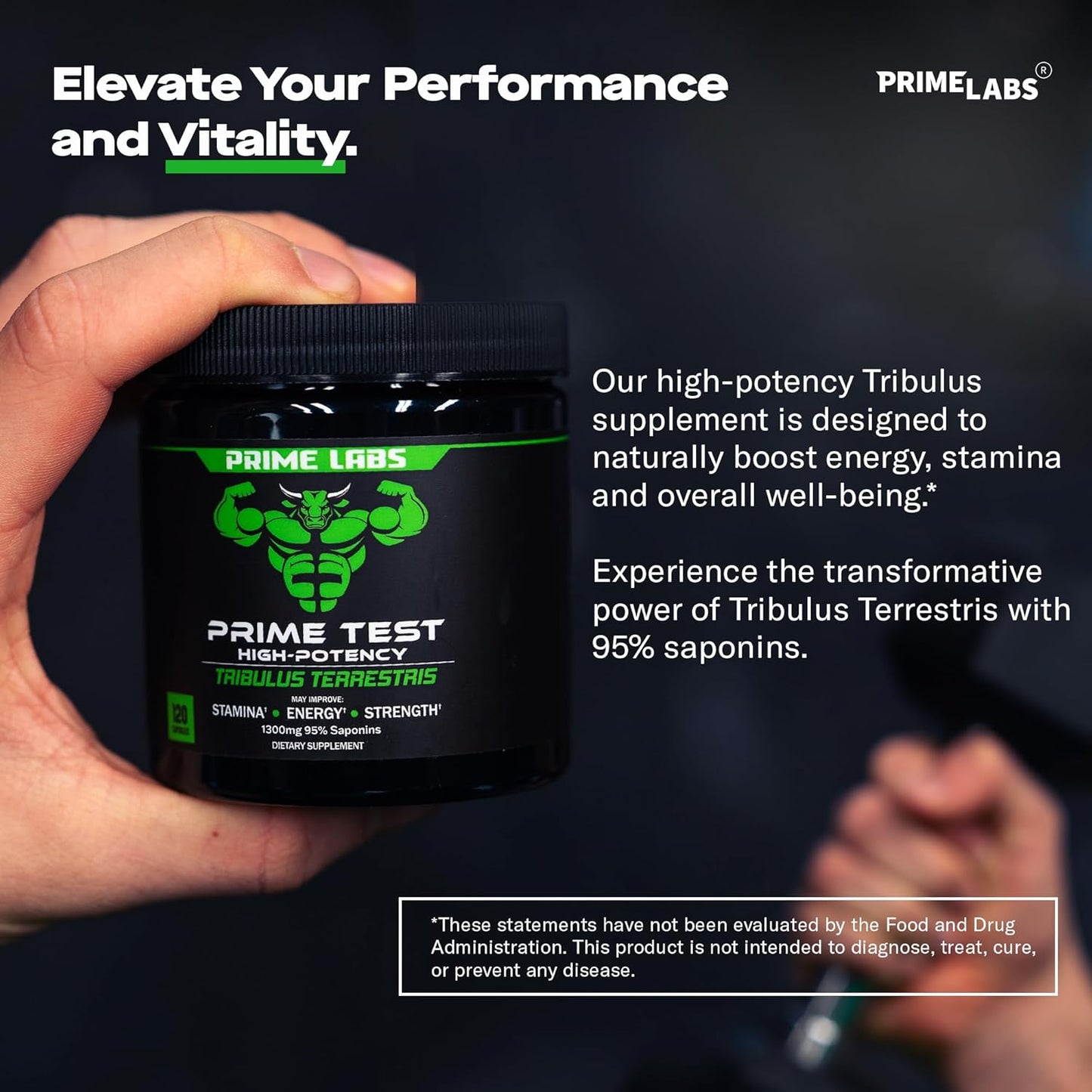 High Potency Prime Labs Tribulus Terrestris for Men - 1300mg with 95% Saponins - Boost Energy, Vitality, Strength - 120 Capsules