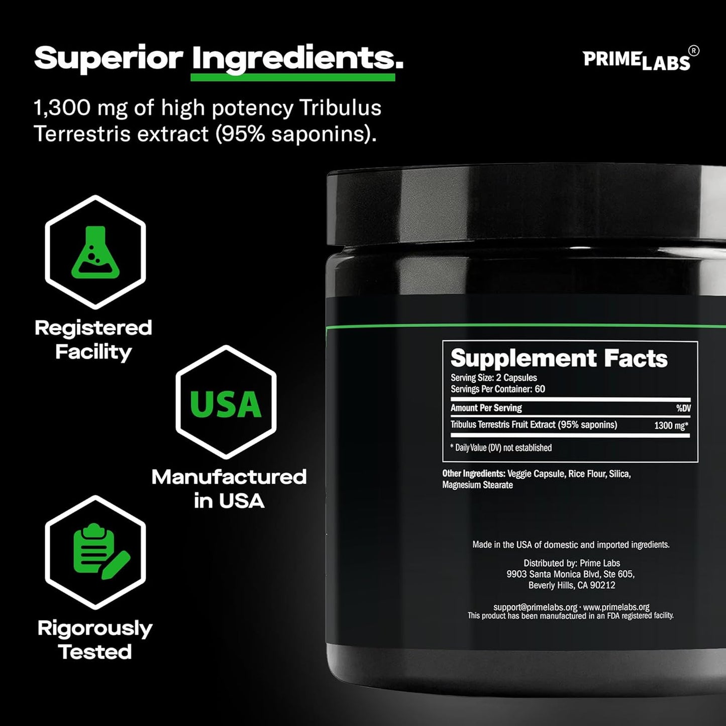 High Potency Prime Labs Tribulus Terrestris for Men - 1300mg with 95% Saponins - Boost Energy, Vitality, Strength - 120 Capsules