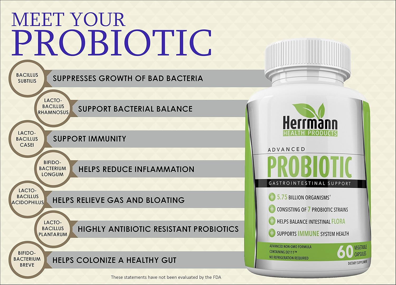 High Potency Probiotic Capsules for Men and Women | 7 Strain Formula | 5.75 Billion Organisms | Non-GMO | GMP Certified | 60 Capsules