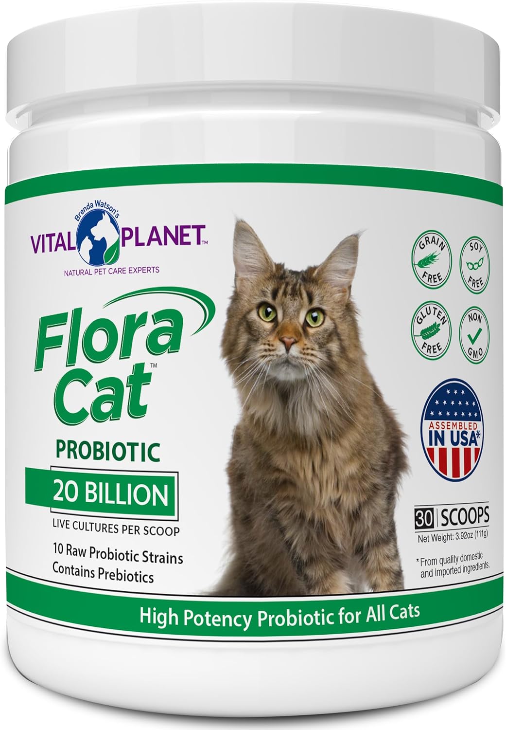 High Potency Probiotic Powder Supplement for Cats - 20 Billion Cultures, 10 Diverse Strains - Digestive and Immune Support - 30 Scoops