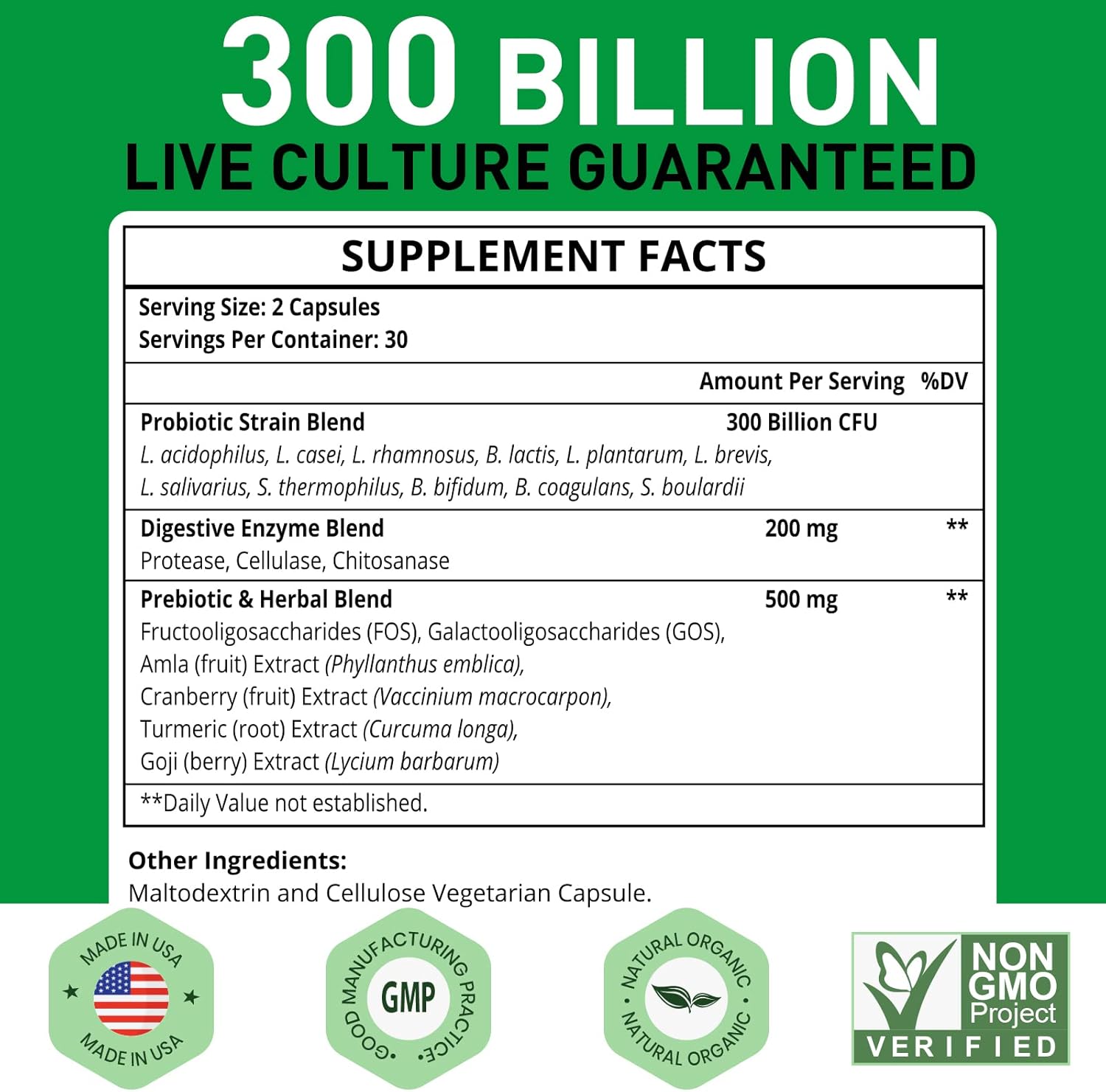 High Potency Probiotic Supplement for Digestion & Immune Support - 300 Billion CFU, 11 Strains - 120 Count - Women and Men's Probiotics with Herbal Enzymes