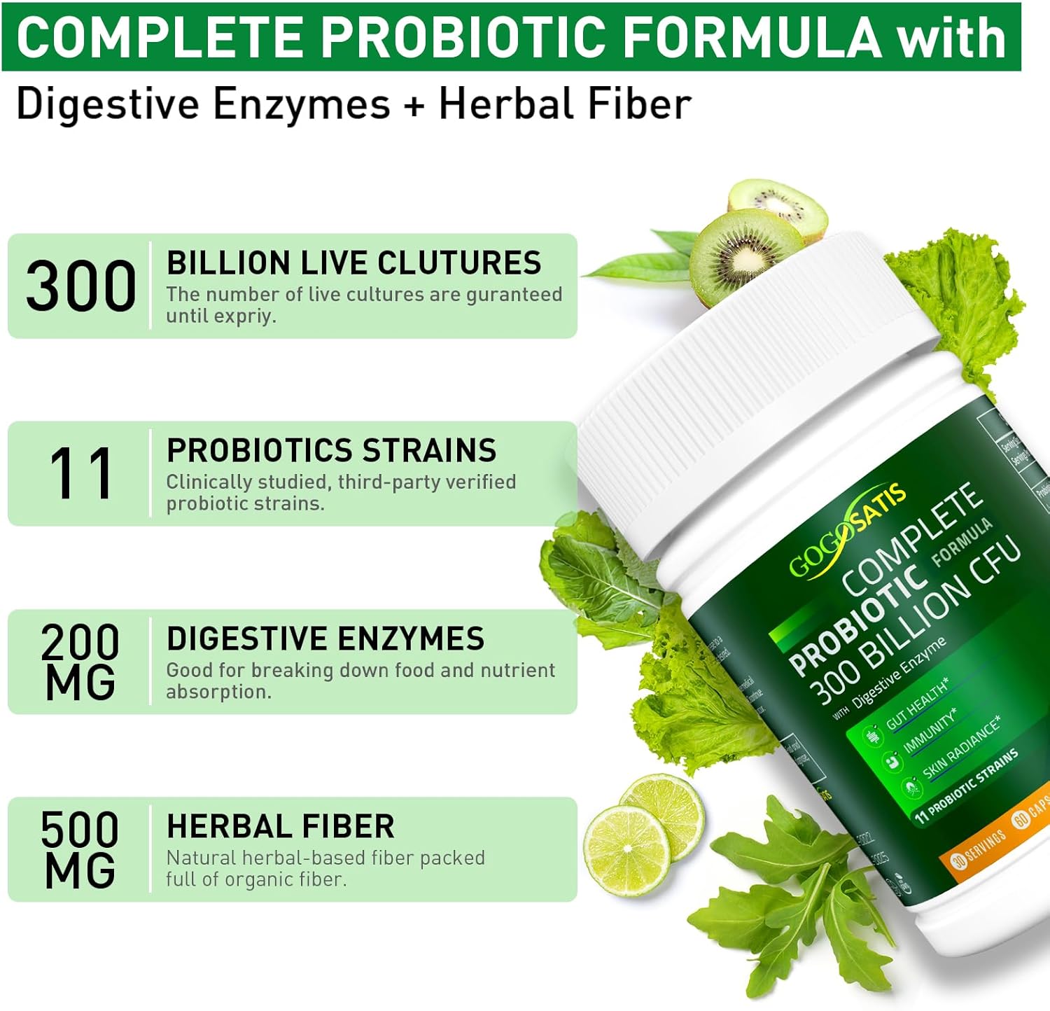 High Potency Probiotic Supplement for Digestion & Immune Support - 300 Billion CFU, 11 Strains - 120 Count - Women and Men's Probiotics with Herbal Enzymes