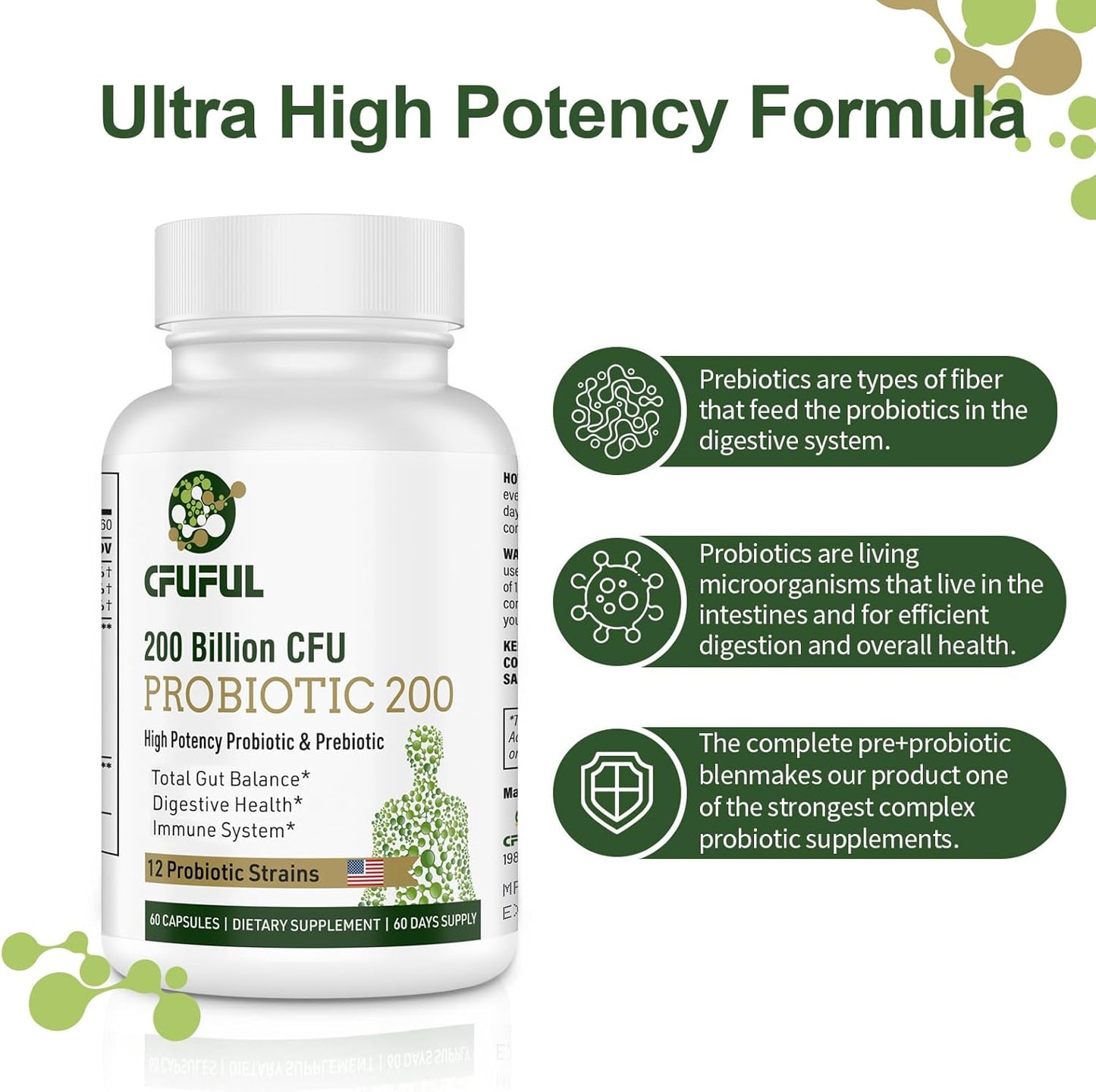 High Potency Probiotic Supplement for Digestive & Immune Health - 200 Billion CFU, 12 Strains, Organic Prebiotics, 180 Capsules
