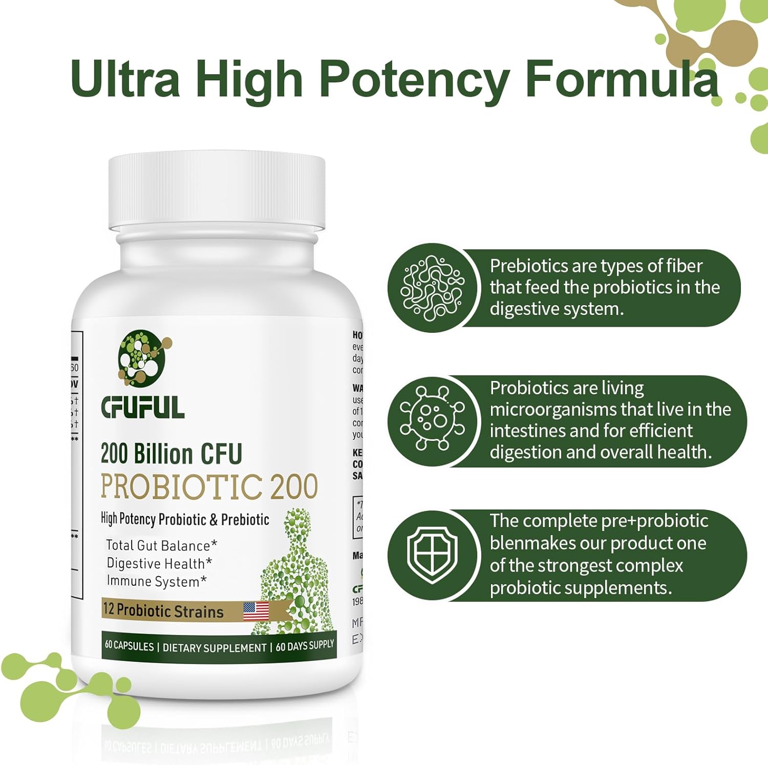 High Potency Probiotic Supplement for Digestive & Immune Health - 200 Billion CFU, 12 Strains, Organic Prebiotics, 180 Capsules