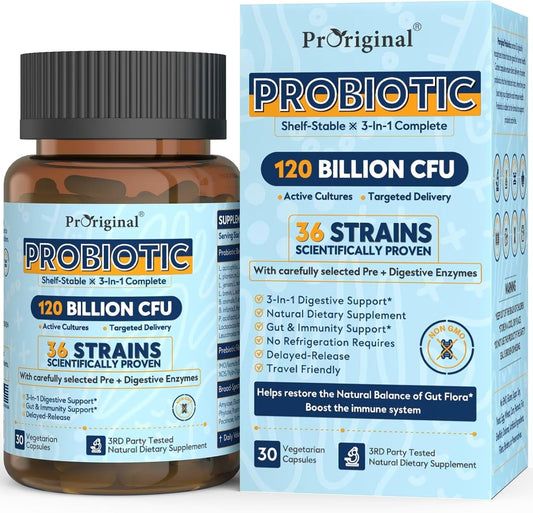 High Potency Probiotic Supplement with 120 Billion CFU and 36 Strains for Digestive Health - 30 Delayed Release Capsules