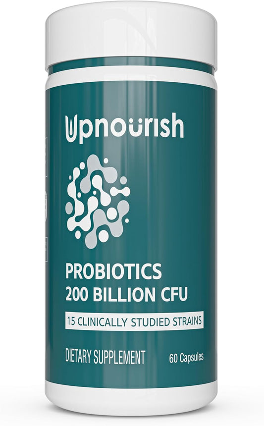 High Potency Probiotic Supplement with 200 Billion CFUs, 15 Strains, Prebiotics & Enzymes - 60 Vegan Capsules