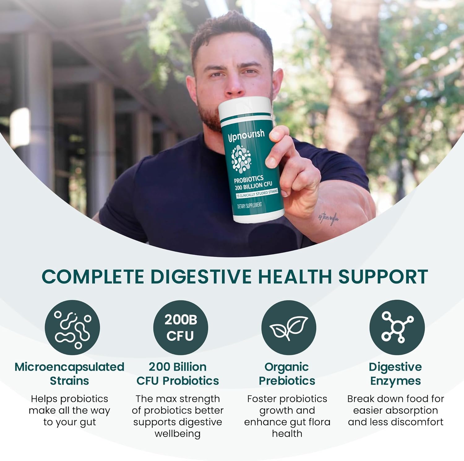 High Potency Probiotic Supplement with 200 Billion CFUs, 15 Strains, Prebiotics & Enzymes - 60 Vegan Capsules