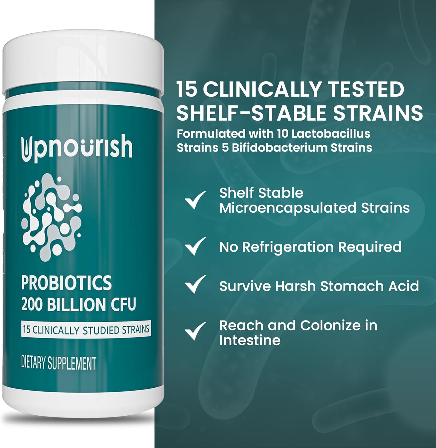 High Potency Probiotic Supplement with 200 Billion CFUs, 15 Strains, Prebiotics & Enzymes - 60 Vegan Capsules