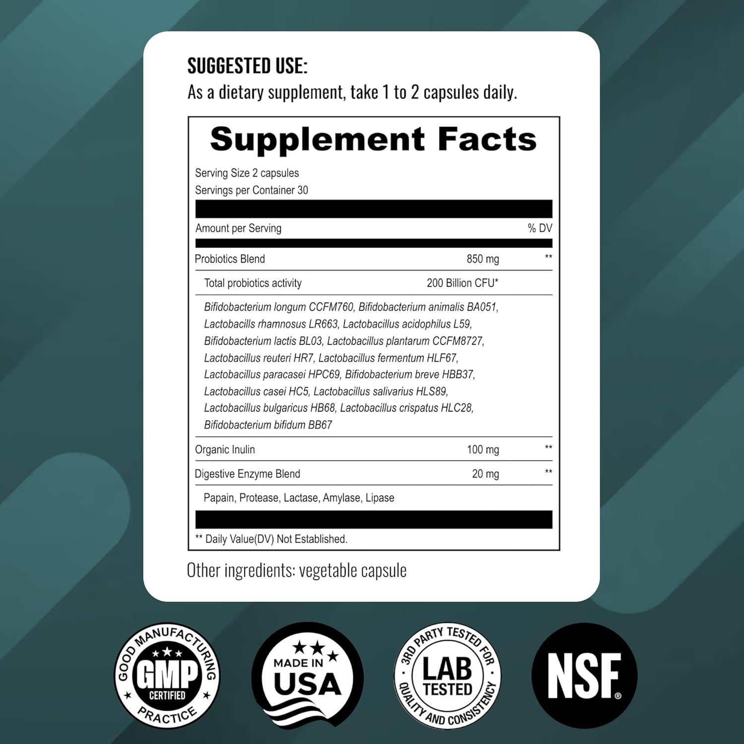 High Potency Probiotic Supplement with 200 Billion CFUs, 15 Strains, Prebiotics & Enzymes - 60 Vegan Capsules