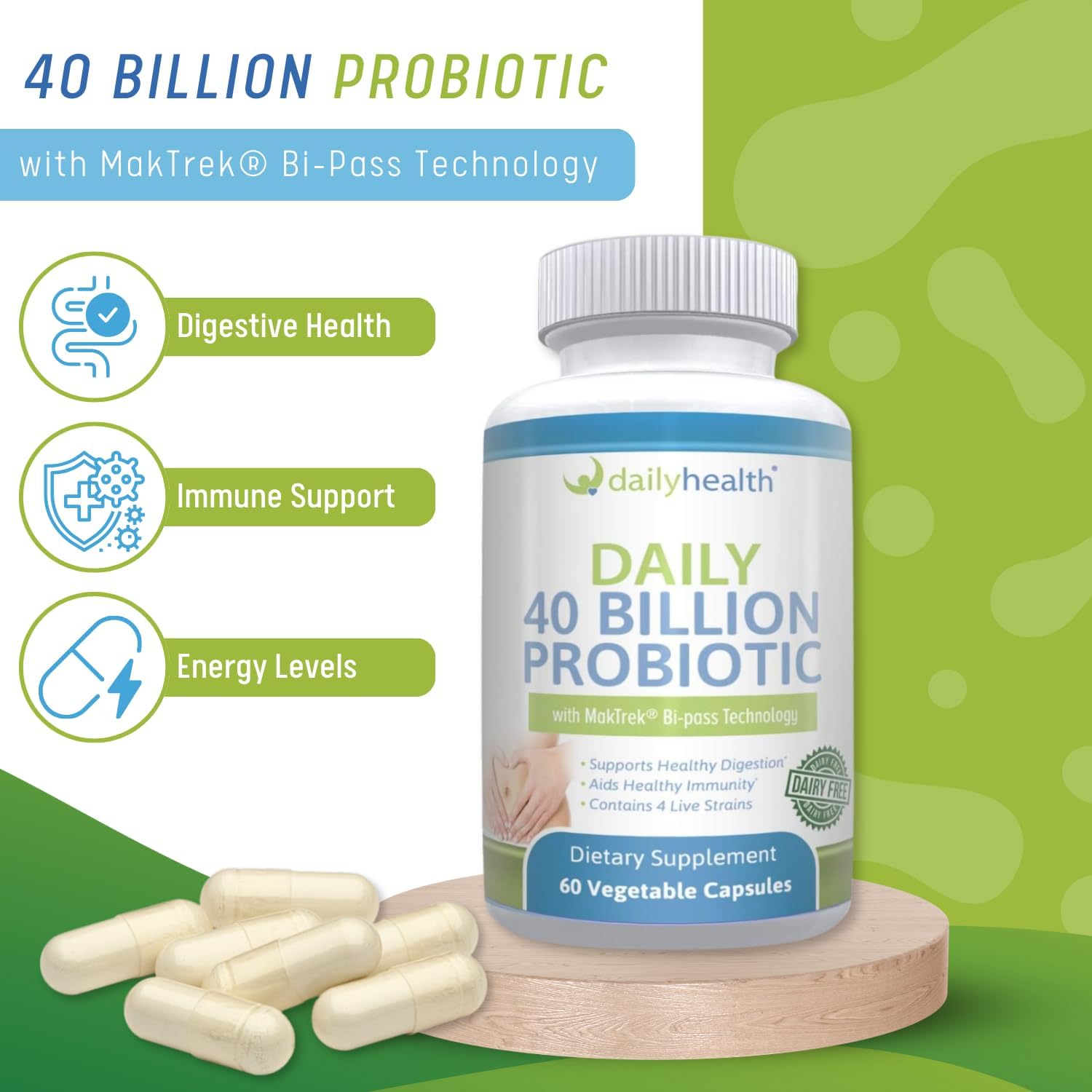 High Potency Probiotic Supplement with 40 Billion CFU, MakTrek Bi-Pass Technology, 180 Veggie Capsules for Digestion & Immune Health