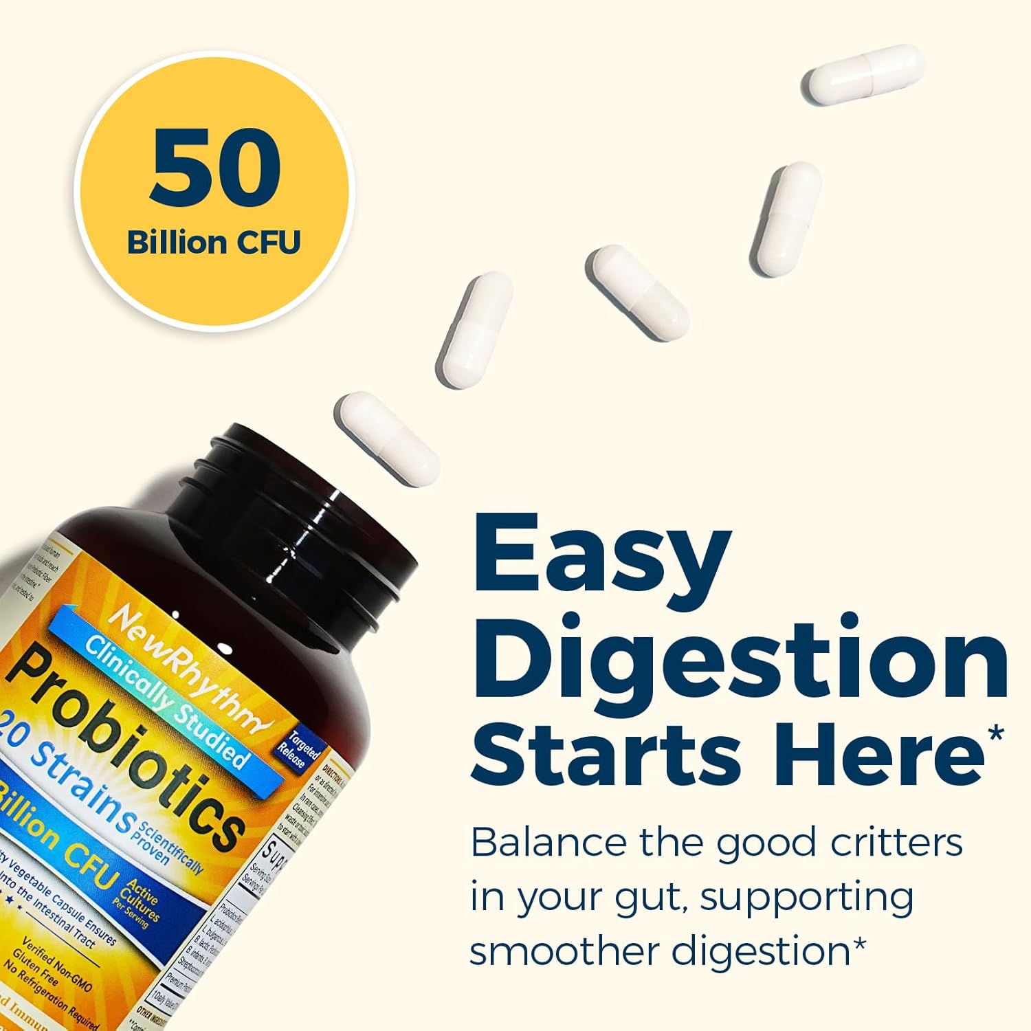 High Potency Probiotic Supplement with 50 Billion CFU, 20 Strains, 120 Capsules, Targeted Release, Acid Resistant, No Refrigeration Needed, Non-GMO, Gluten Free - 1 Pack