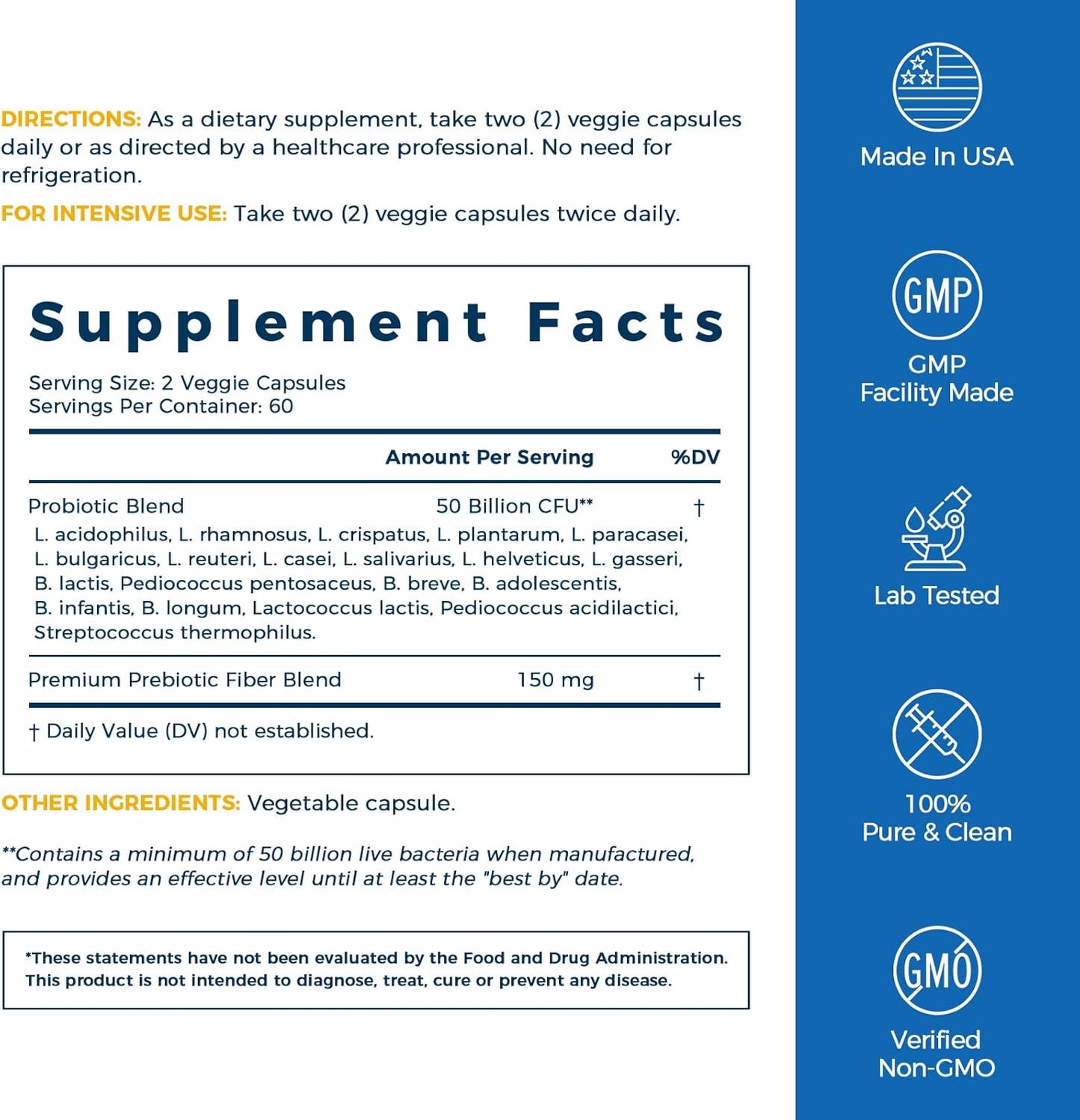 High Potency Probiotic Supplement with 50 Billion CFU, 20 Strains, 120 Capsules, Targeted Release, Acid Resistant, No Refrigeration Needed, Non-GMO, Gluten Free - 1 Pack