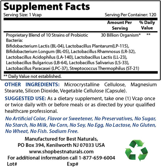 High Potency Probiotic with 10 Strains, 30 Billion CFU & COQ10 - Best Natural Supplement